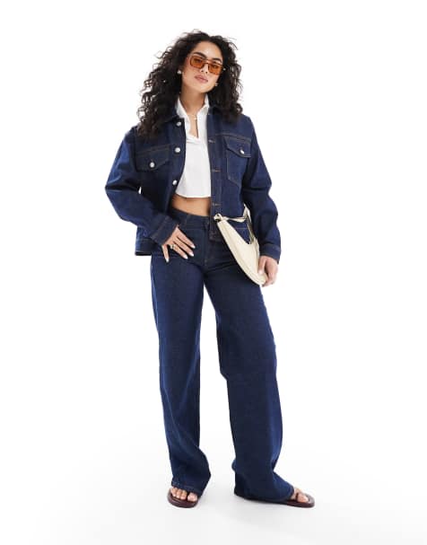 Pieces - Selma - Giacca trucker e jeans a fondo ampio in denim blu scuro - view 1