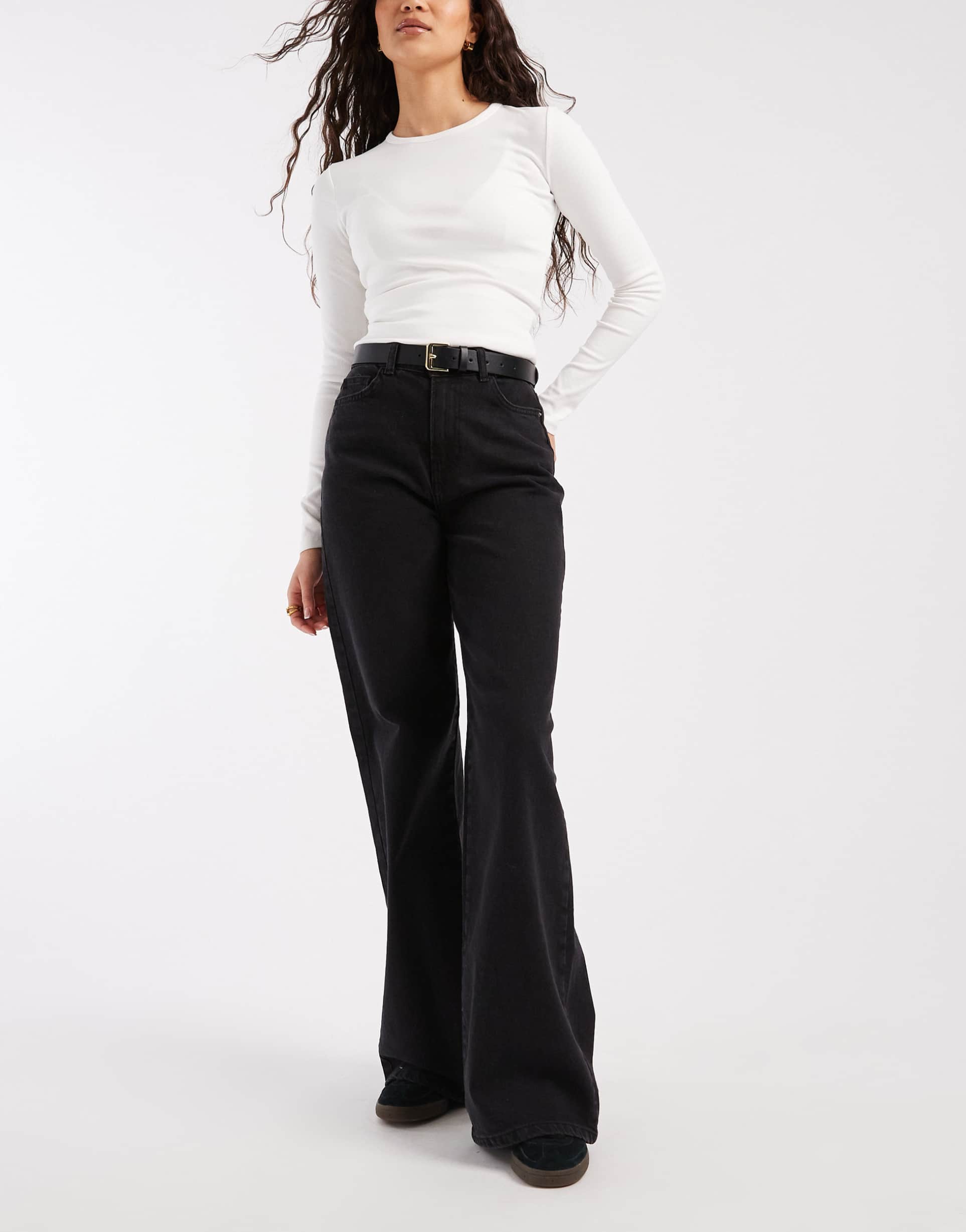 pieces selma high rise wide leg jeans in black denim