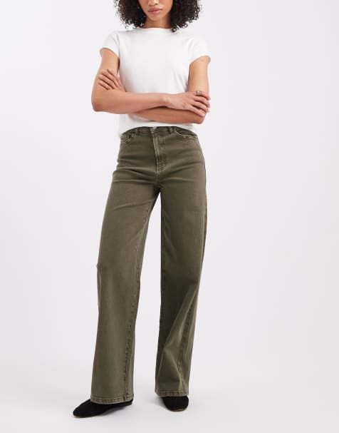 PIECES Selma high-waist wide leg jeans in olive green - view 1