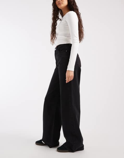 Pieces Selma high waisted wide leg jeans in black denim