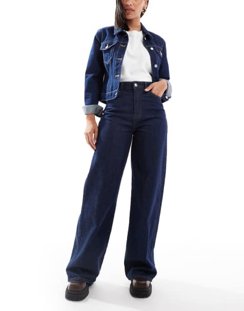 Pieces Selma high waisted wide leg jeans in dark blue denim