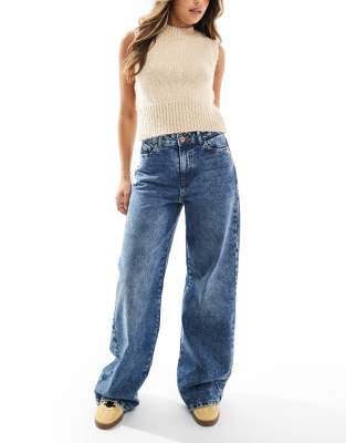 Pieces Selma high waisted wide leg jeans in medium blue rinse