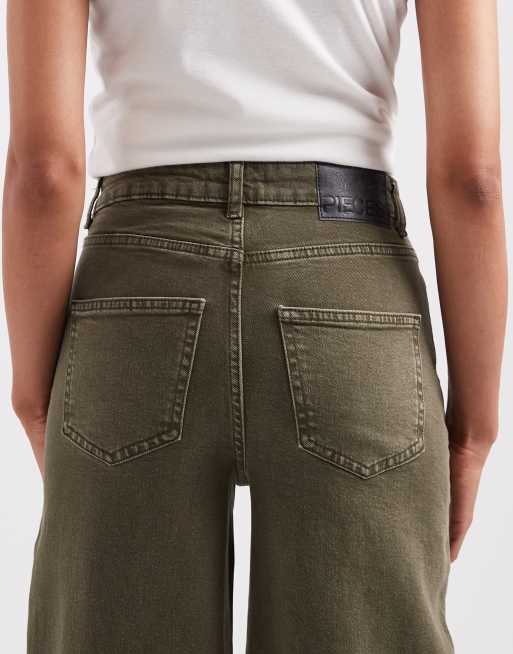 Pieces Selma jeans a vita alta a gamba larga verde oliva, 4 di 5