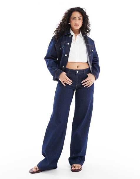Pieces – Selma – Weit geschnittene Denim-Jeans in Dunkelblau, Kombiteil - view 1