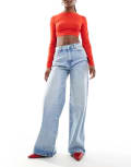 [Pieces] Pieces Selma wide leg jeans in light blue denim W28 L32 Light Blue Denim