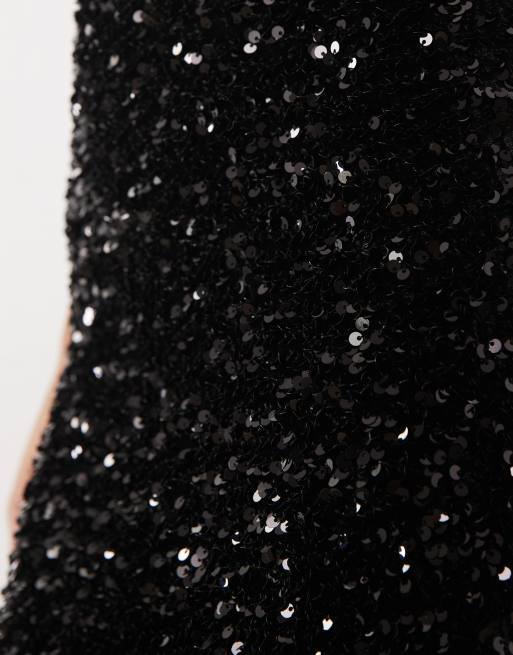 Pieces sequin and velvet asymmetric lace trim maxi dress in black, 3 of 4