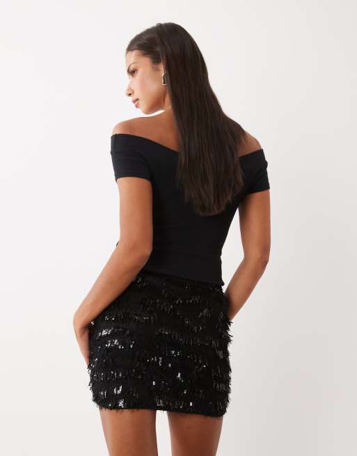 Pieces sequin and velvet mini skirt in black, 5 of 5