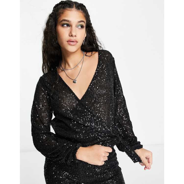 Black Sequin Puff Sleeve Corset Top