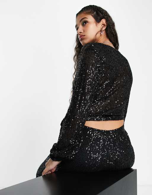 Black Sequin Puff Sleeve Corset Top