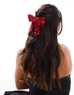 sequin bow hair clip in cherry red