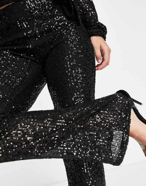 Glamorous Allure Black and Silver Sequin Sequin Flare Pants