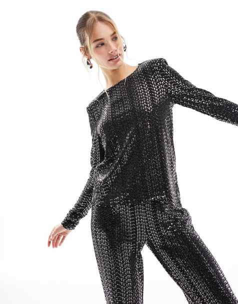 Black Mesh Hot Fix Long Sleeve Top, Two Piece Sets