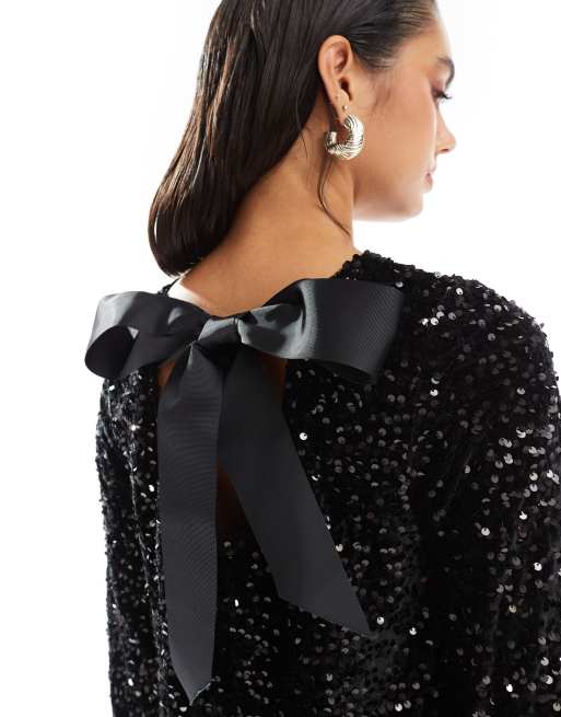 Pieces sequin mini dress with ribbon bow back in black