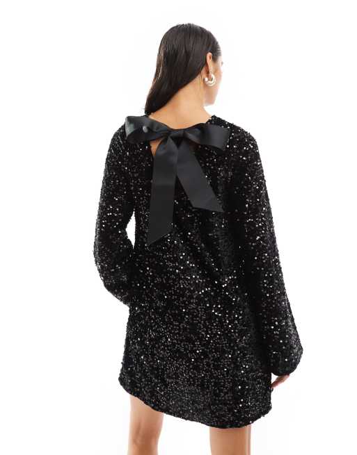 Pieces sequin mini dress with ribbon bow back in black