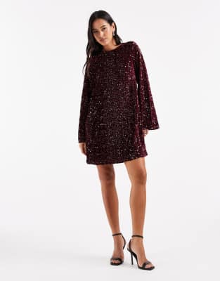 Pieces sequin mini dress with ribbon bow back in burgundy-Red