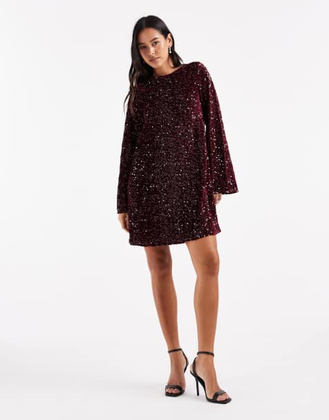 PIECES sequin mini dress with ribbon bow back in burgundy - view 1