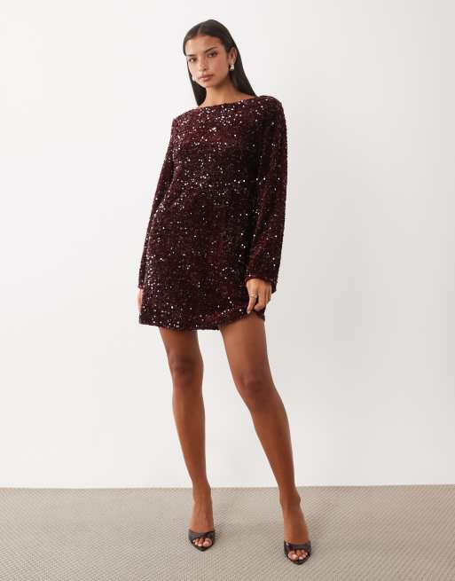 Pieces sequin mini dress with ribbon bow back in burgundy, 3 of 4