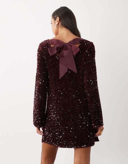 Pieces sequin mini dress with ribbon bow back in burgundy, 4 of 4