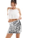 [Pieces] PIECES sequin mini skirt in silver L SILVER