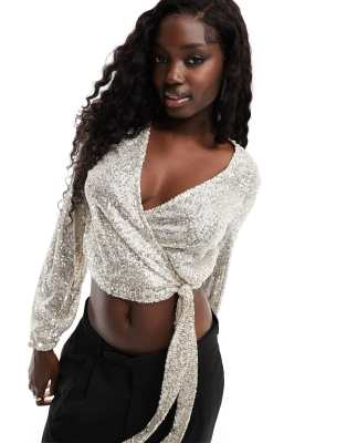 Pieces sequin wrap top in silver