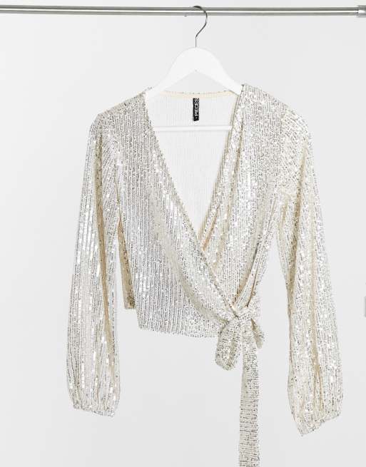 PIECES sequin wrap top in silver | ASOS