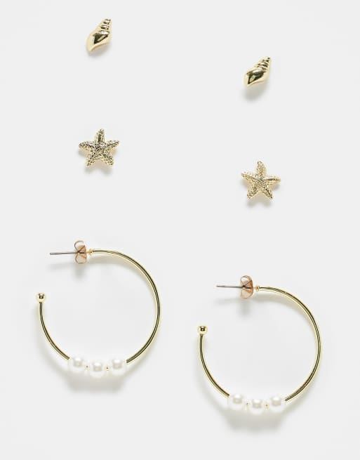 Pieces - Set da 3 orecchini a bottone e a cerchio color oro con motivo mare