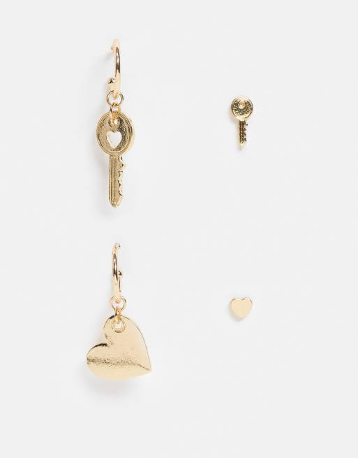 Pieces - Set met 2 oorringen met sleutel- en hartenhangers in goud