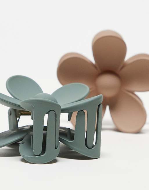 Pieces - Set van 2 bloemvormige haarklemmen in neutraal en saliegroen, 3 van 4