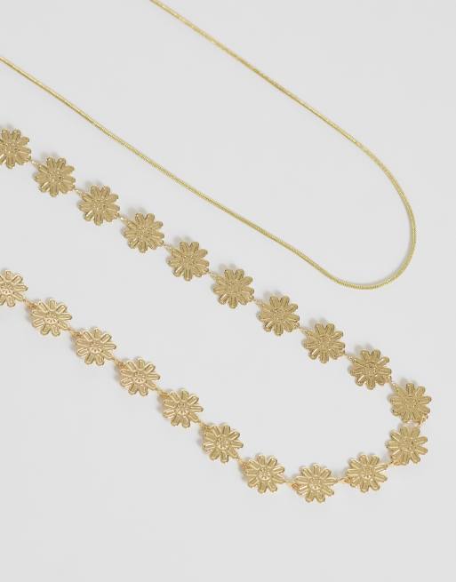 Pieces - Set van 2 kettingen met bloemen en schakels in goudkleur, 4 van 4
