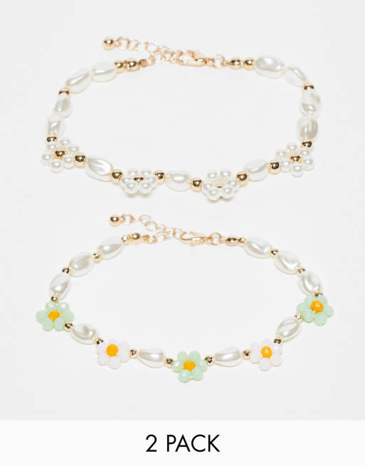 Pieces - Set van 2 kralen-enkelbandjes met madeliefjes in multi