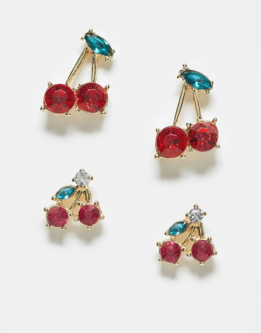 Pieces - Set van 2 paar oorknopjes met kersen in goud