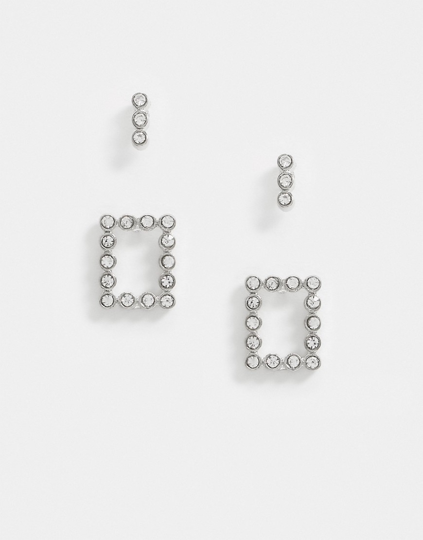 Pieces - Set van 2 paar oorknopjes met sierdiamantjes in zilver