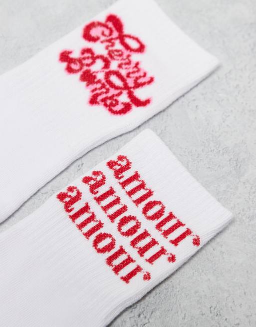 Pieces - Set van 2 paar sokken met slogan in wit en rood, 2 van 3