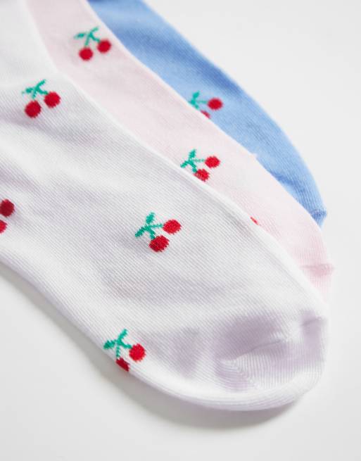 Pieces - Set van 3 paar enkelsokken met kersenprint in blauw, roze en wit, 3 van 3