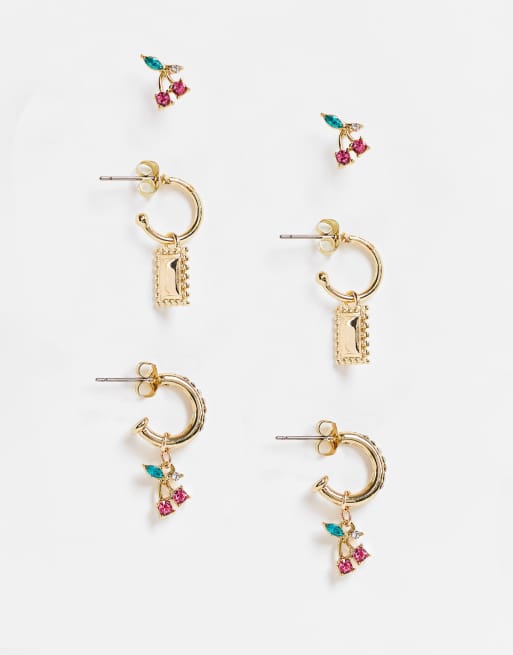 Pieces - Set van 3 paar kleine oorringen en oorknopje met kersen in goud