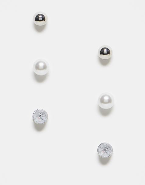 Pieces - Set van 3 paar oorbellen met parels en siersteentjes in zilver en wit - view 1
