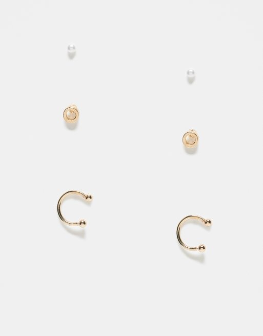 Pieces - Set van 3 paar oorknopjes en oorcuffs met imitatieparels in goudkleur