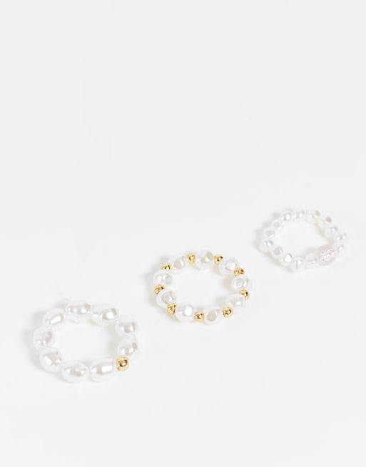Pieces - Set van 3 parelringen in wit en goud