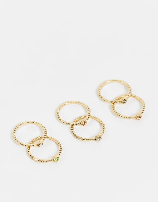 Pieces - Set van 6 ringen in goud met regenboogkleurige siersteentjes
