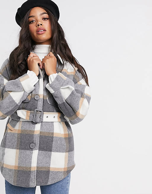 Pieces shacket with belted waist in gray check | ASOS