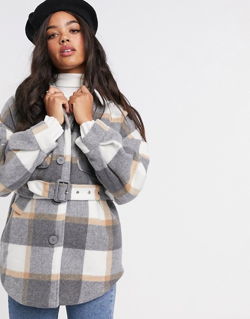 Pieces shacket with belted waist in grey check