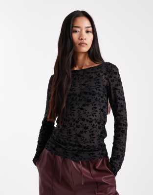 Pieces Sheer Effect Long Sleeve Velvet Devore Top In Black