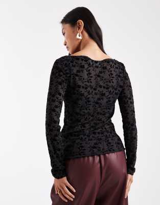 Pieces Sheer Effect Long Sleeve Velvet Devore Top In Black