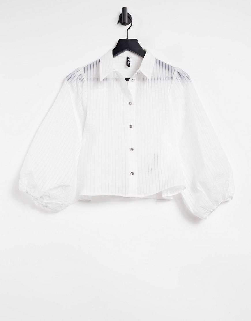 Pieces sheer pinstripe shirt with puff sleeves in white