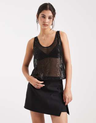 Pieces Sheer Sequin Cami Top In Animal Print