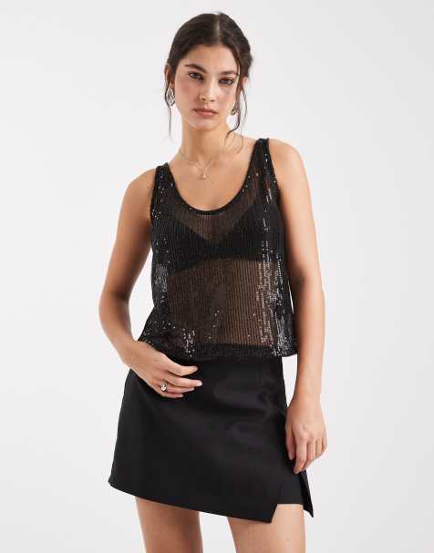 Pieces sheer sequin cami top in black - view 1