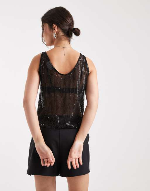 Pieces sheer sequin cami top in black, 3 of 4
