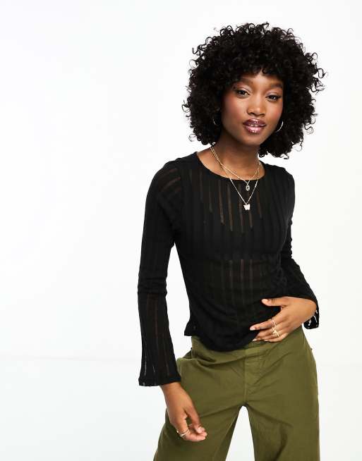 Pieces sheer stripe flared sleeve top in black | ASOS