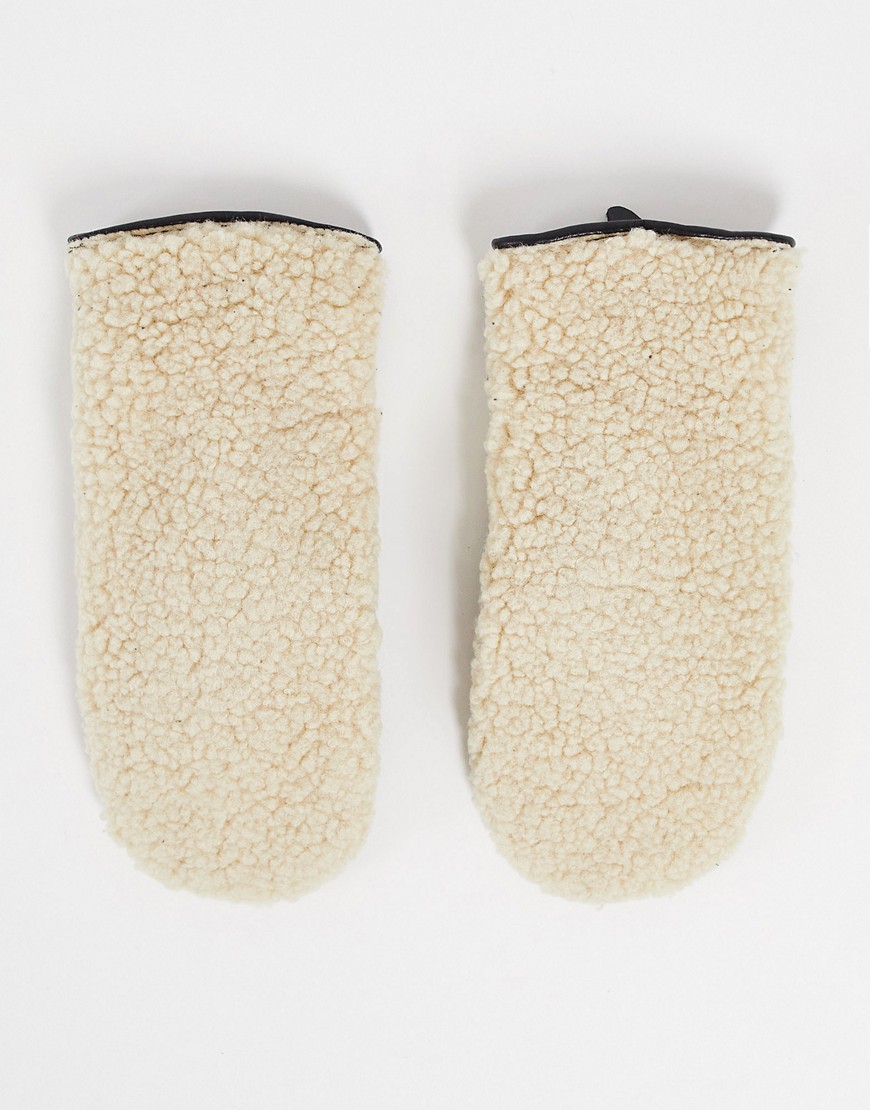 Pieces sherpa & faux leather mittens in cream-White