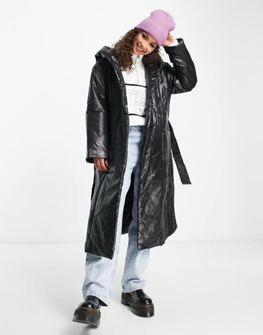 Pieces shiny padded longline coat with hood in black | ASOS